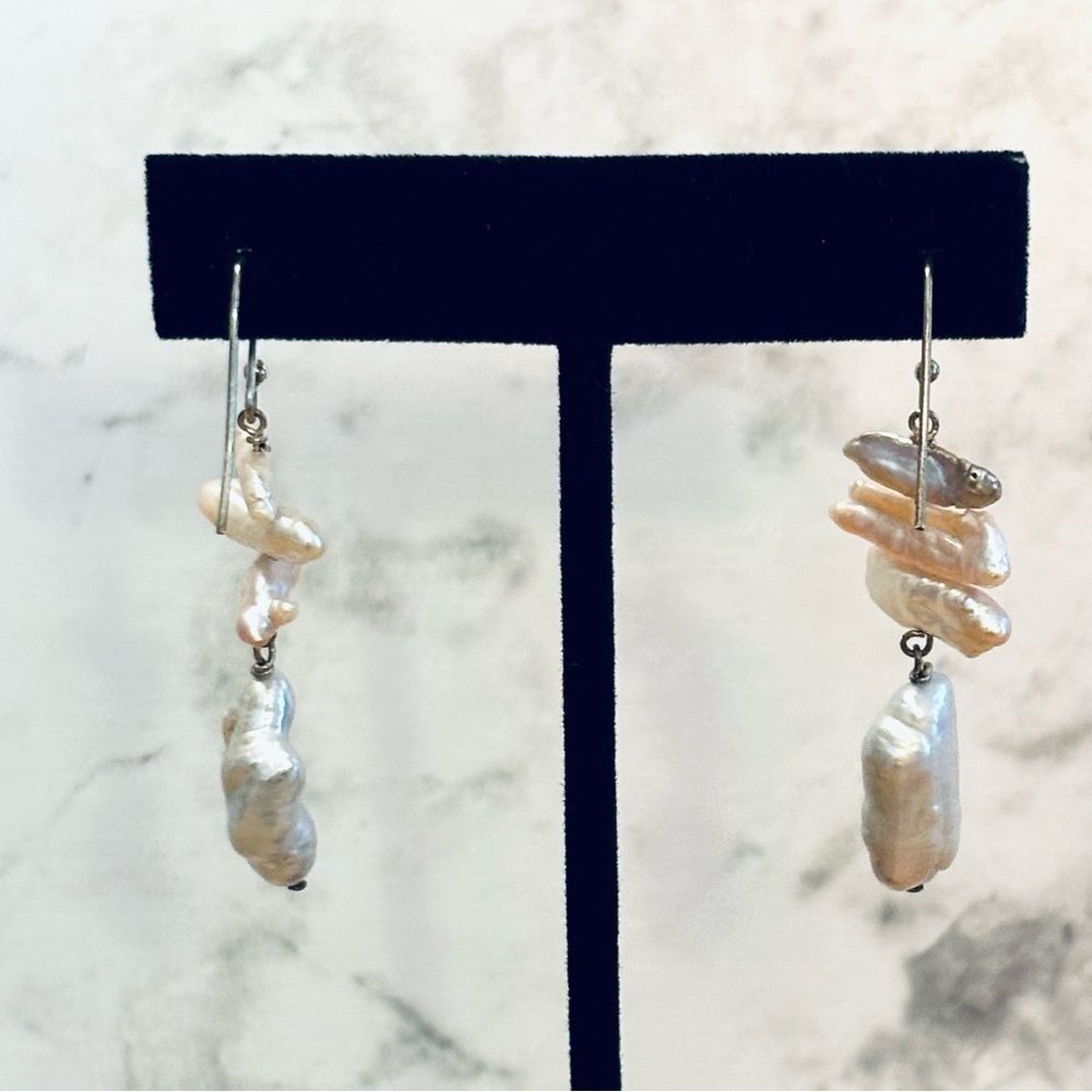 Natural Baroque Lute Dangly Drop Earrings Sterling Silver 925 Bridal Formal - Picture 4 of 6